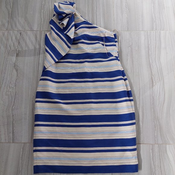 New Banana Republic  fitted Sheath Dress blue Stripe One-Shoulder Bow Size 4 - Picture 7 of 10